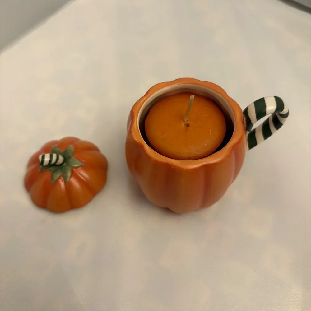 Retired‎ Yankee Candle Pumpkin Pie Ceramic Candle Holder Jar Striped Halloween